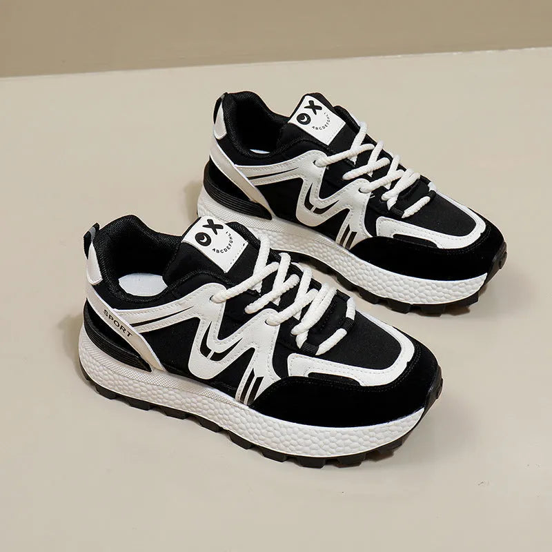 Women's platform casual shoes in black with round toe, lace-up front and flat heel