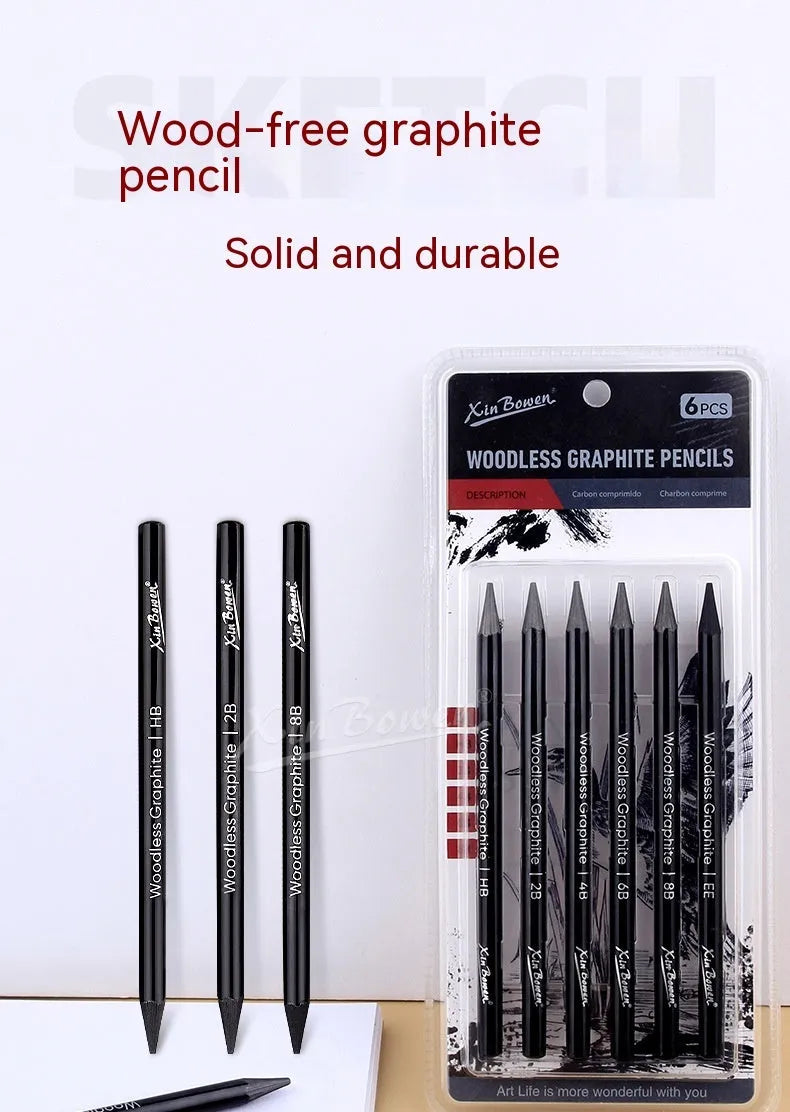 Six graphite sketching pencils with HB, 2B, 4B, 6B, 8B, and EE grades arranged in art set