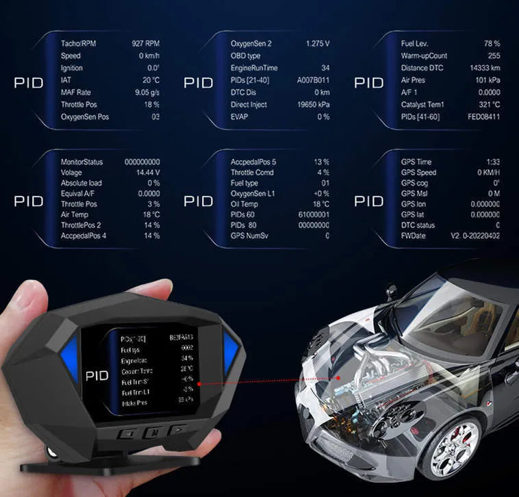 Black vehicle head-up display unit with HD LCD screen and OBD cable for windscreen projection
