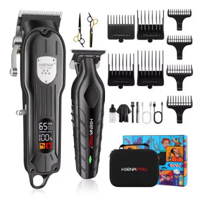 Black USB-powered hair clipper set with LED display and aluminium foil shaver attachment