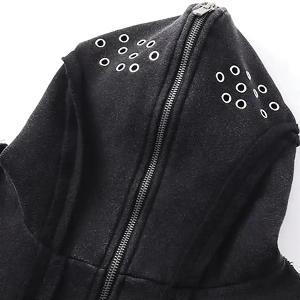 Black mens loose-fit cotton padded coat with hood and abstract retro pattern, zip front.