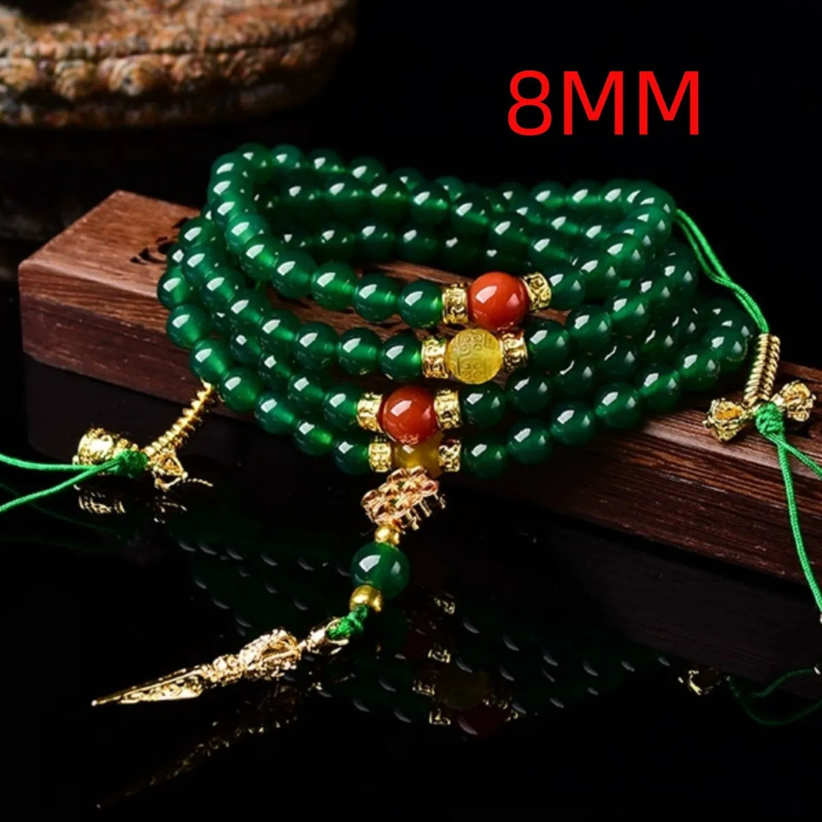 Handmade multi-circle bracelet with green agate beads from Brazil, shown in unisex styling.
