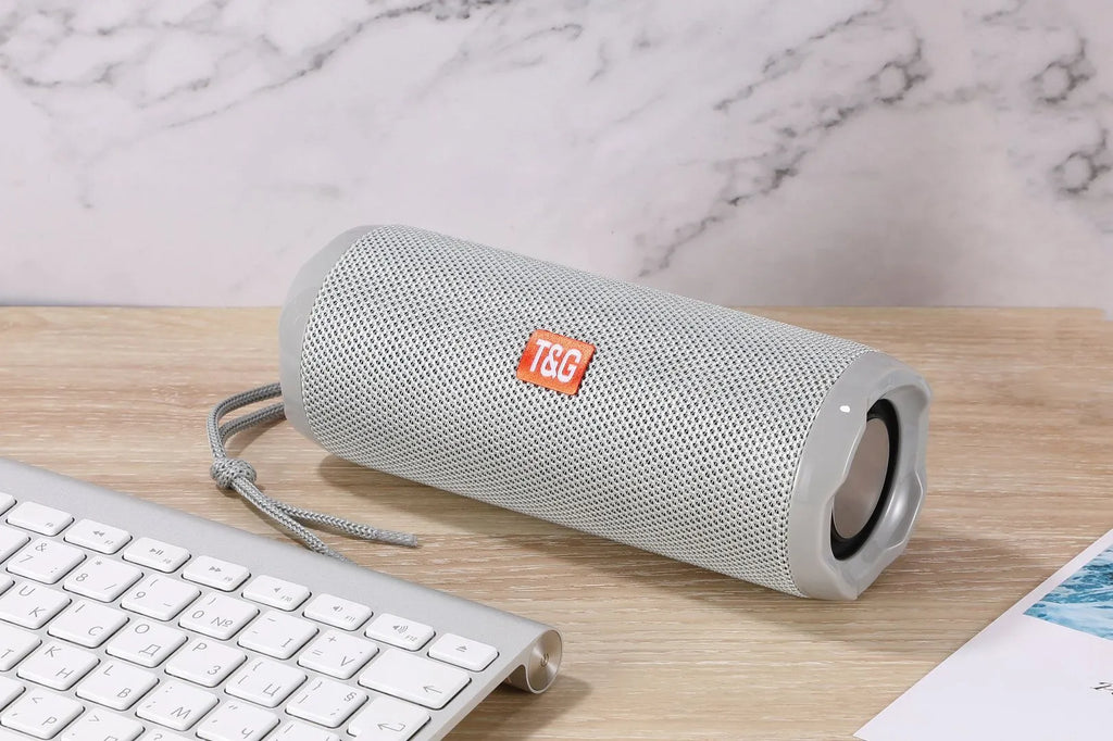 Fabric portable wireless Bluetooth speaker with card holder in multiple colour options showing dimensions