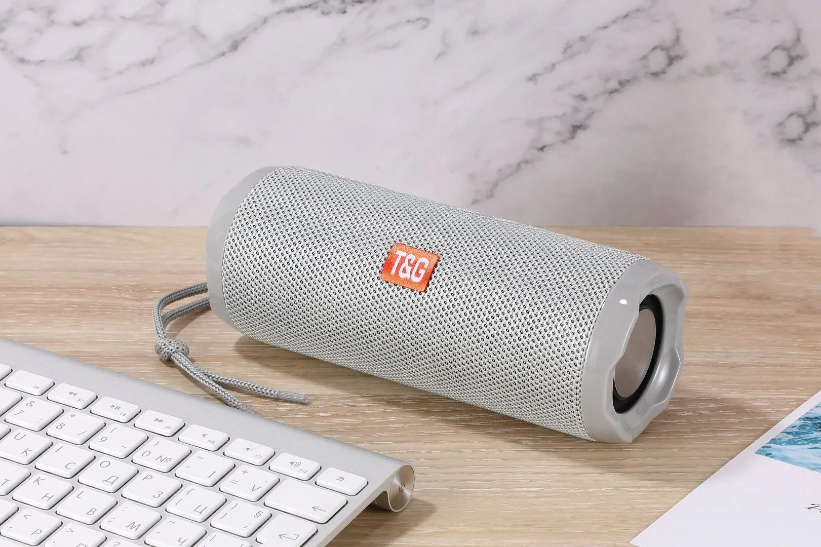 Fabric portable wireless Bluetooth speaker with card holder in multiple colour options showing dimensions