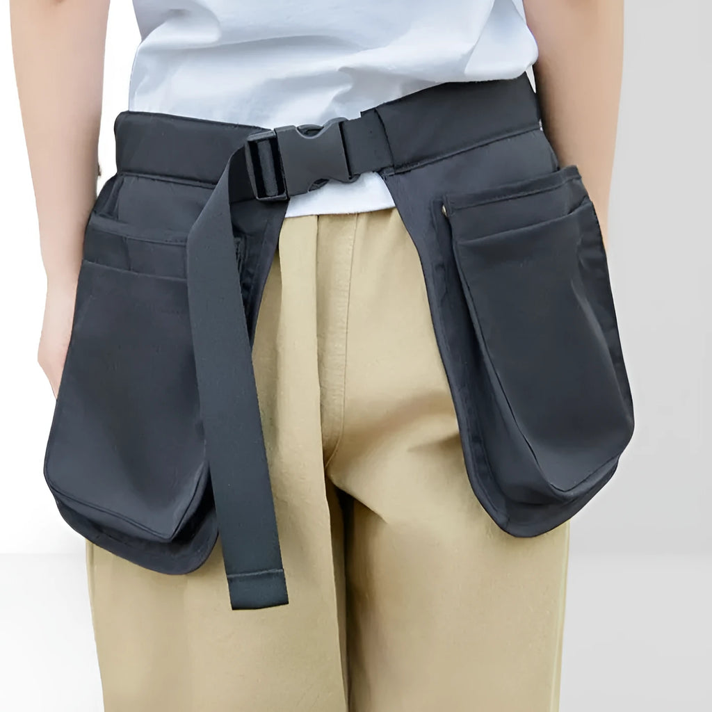 Unisex polyester waist bag with multi-pocket design, adjustable belt, available in black or army green.