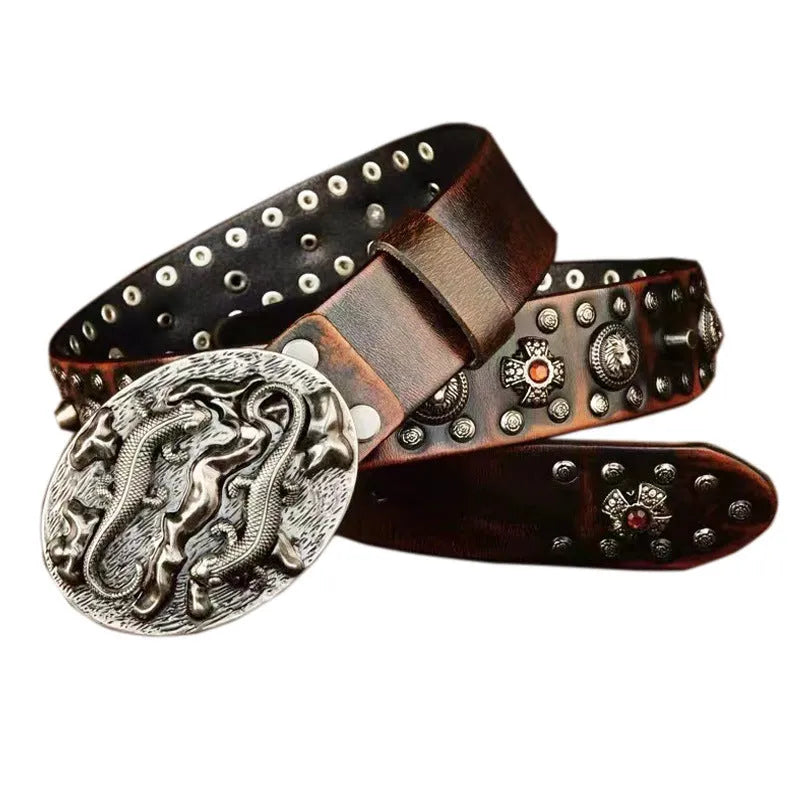 Men's black leather belt with silver rivet details and a silver alloy buckle on a flat surface.