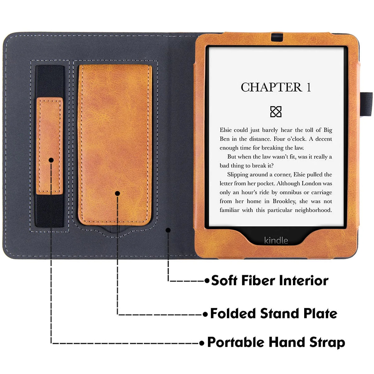 Kindle Paperwhite 11 leather protective case with integrated wrist splint bracket, shown in a selection of colour options.