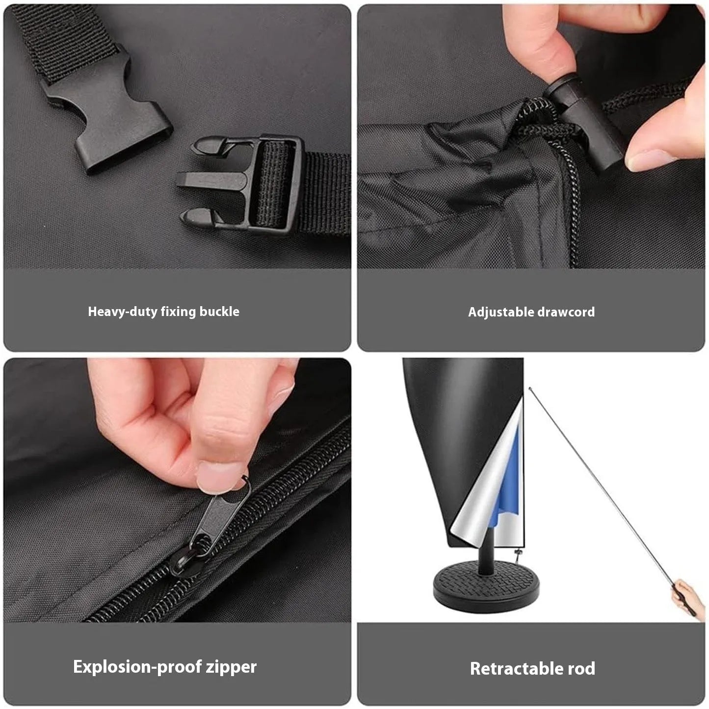 Waterproof outdoor banana umbrella cover in Oxford cloth, available in black or grey with five size options