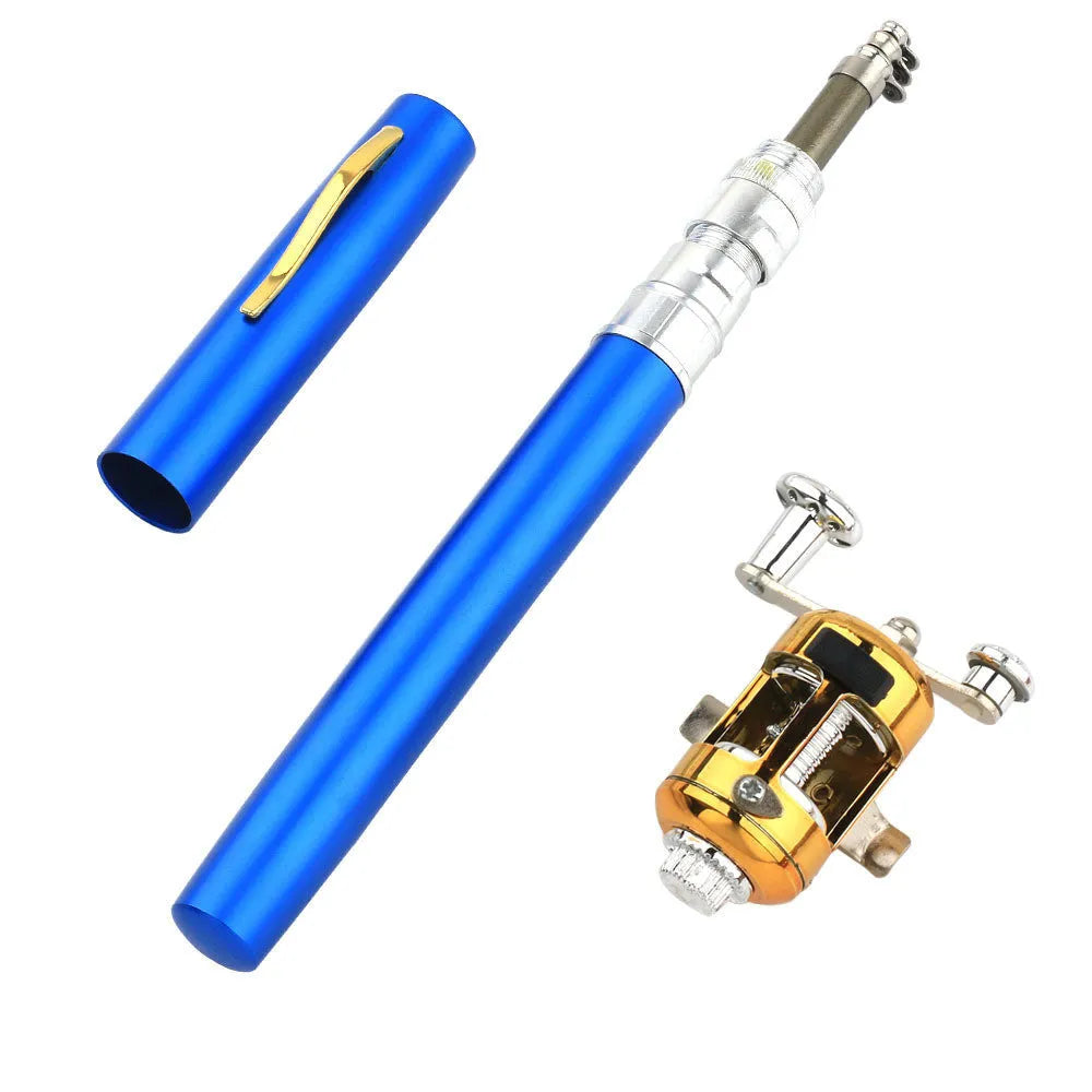 Portable telescopic fishing rod kit with reel in aluminium pen case, shown collapsed and extended.