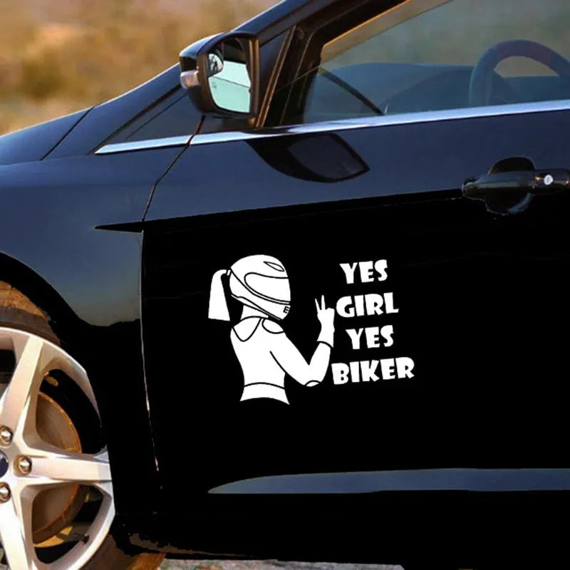 Cool girl rider character design waterproof car sticker on a vehicle panel.