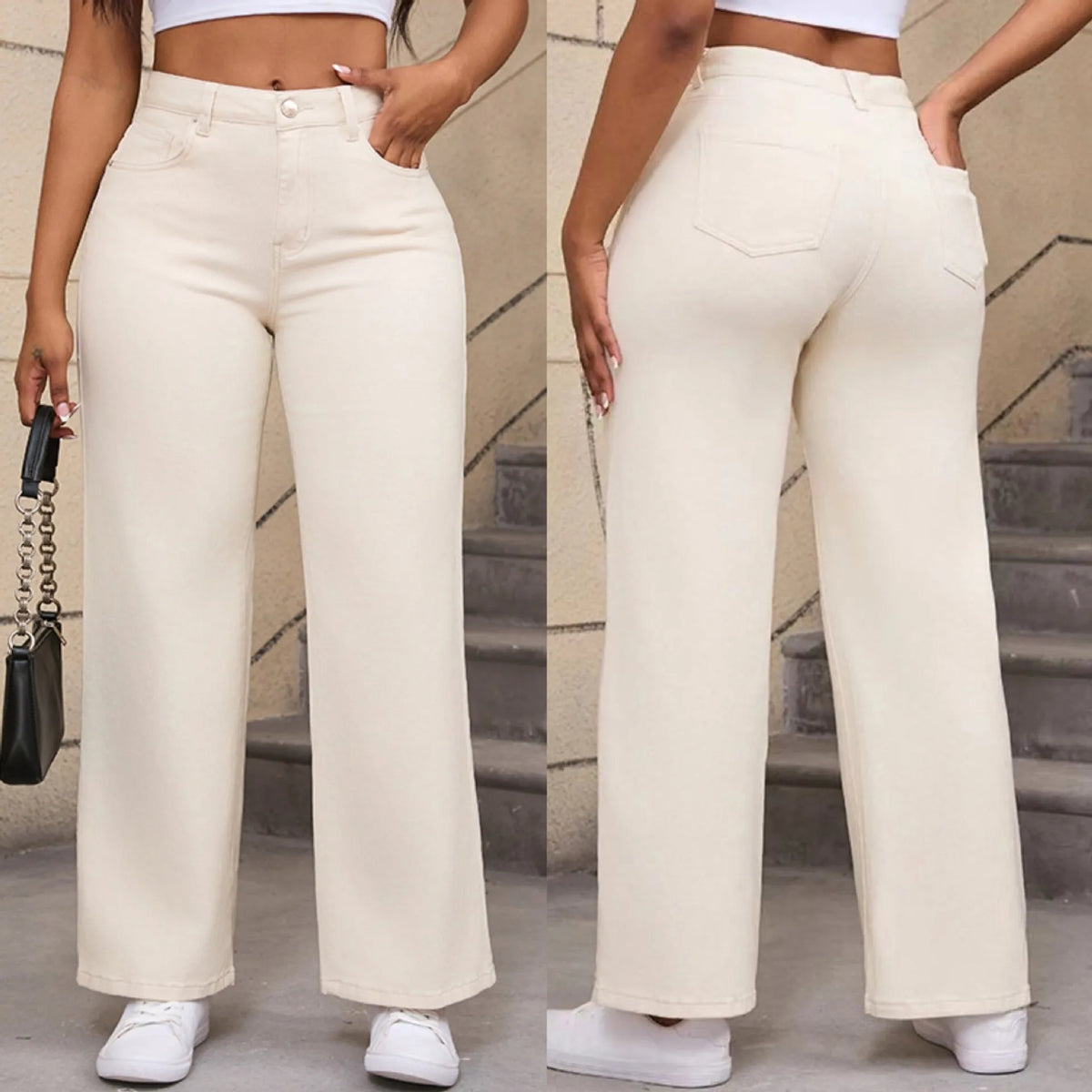Women's straight leg wide jeans in apricot and khaki colours showing high waist design and trouser length