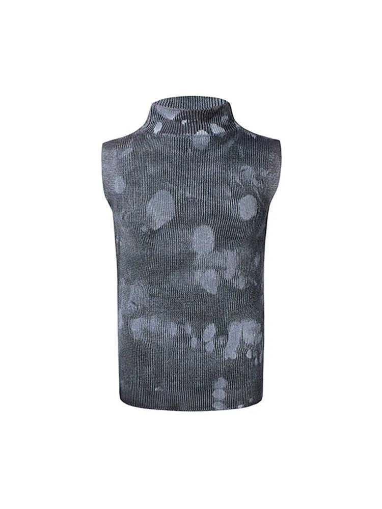 Black silver pastebrushing men's sleeveless t-shirt with a stand collar on a hanger.