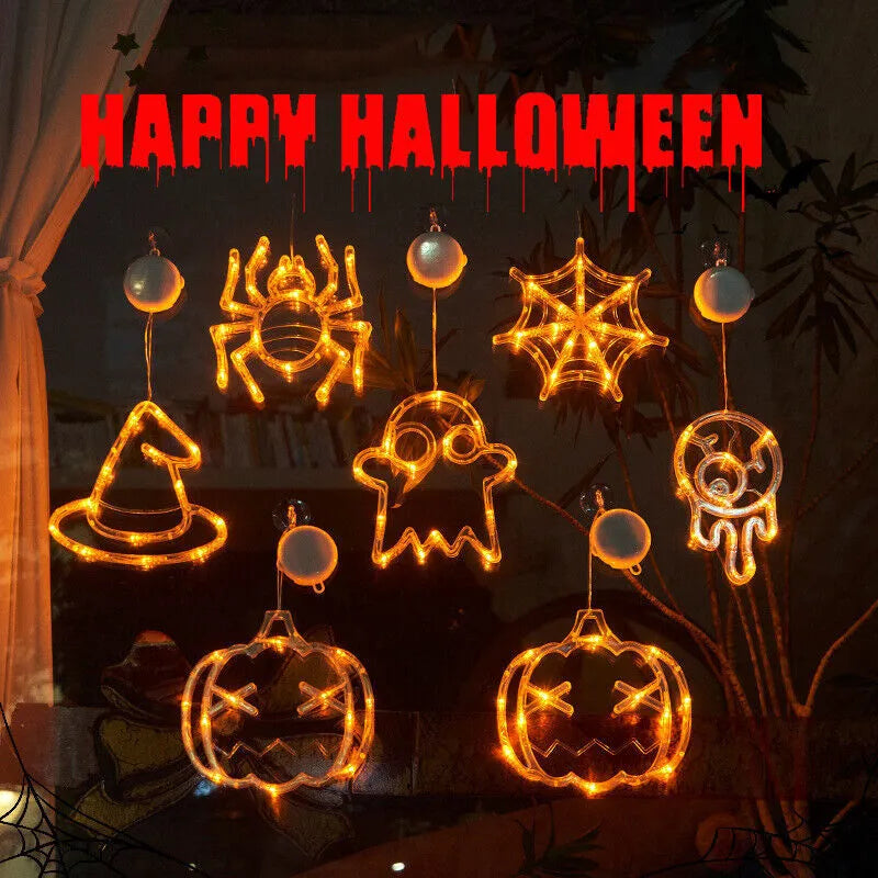 Halloween window hanging LED lights set with spider, pumpkin, and ghost decorations on suction cups