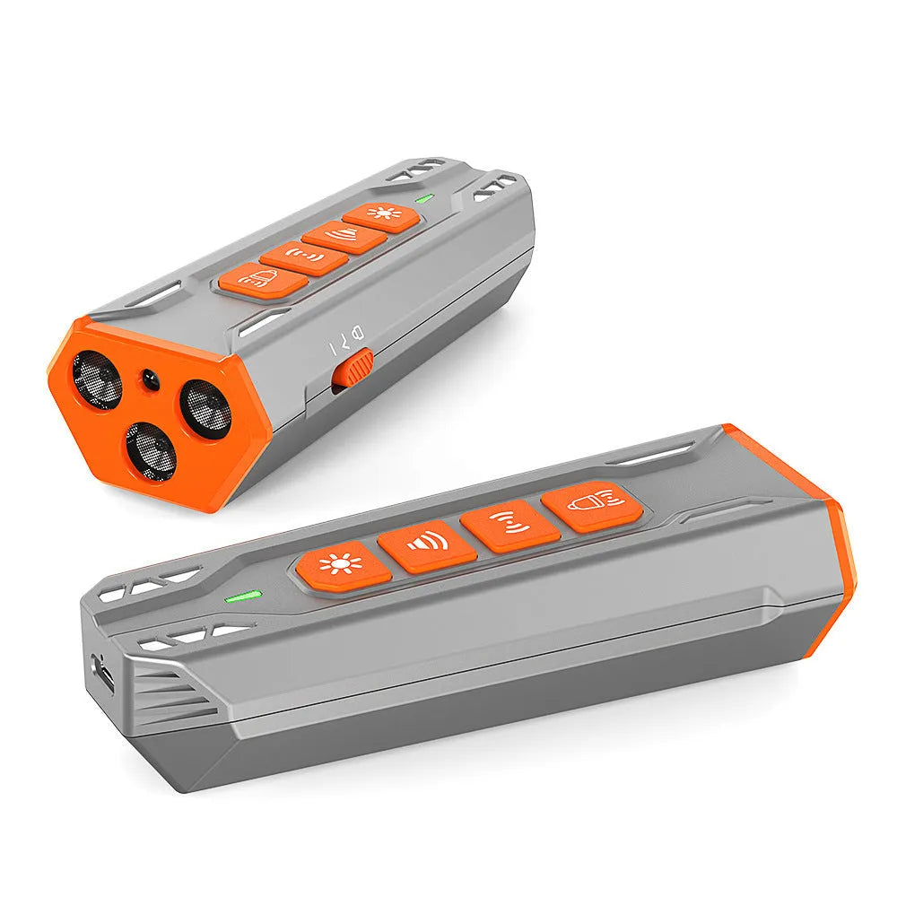 Three head ultrasonic dog trainer with security LED light in grey and orange colour scheme
