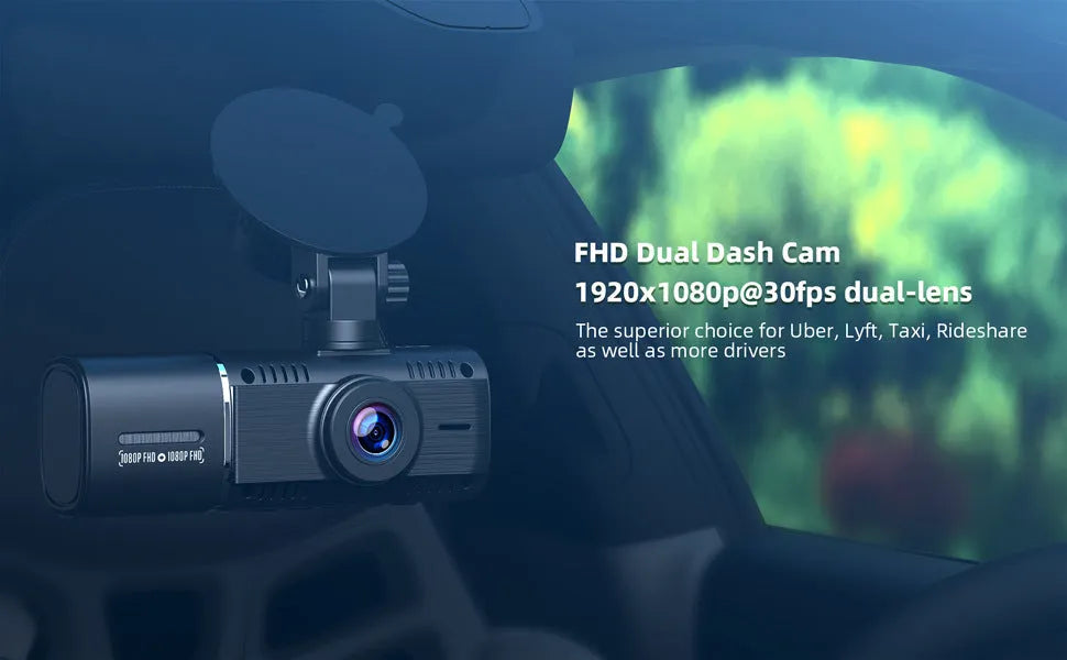 Black dual-lens car dash camera for front and rear recording with parking surveillance mode
