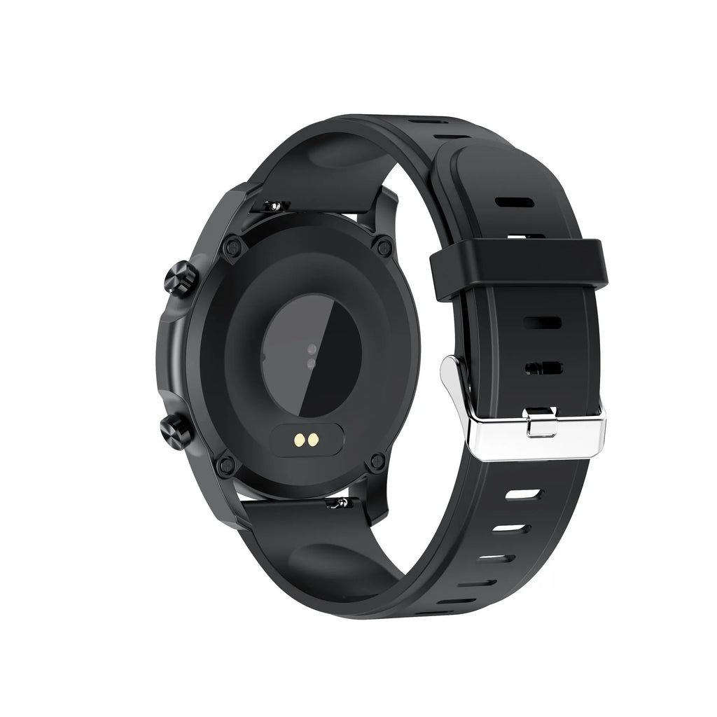 Black or grey zinc alloy smart bracelet with body temperature monitoring on wrist.