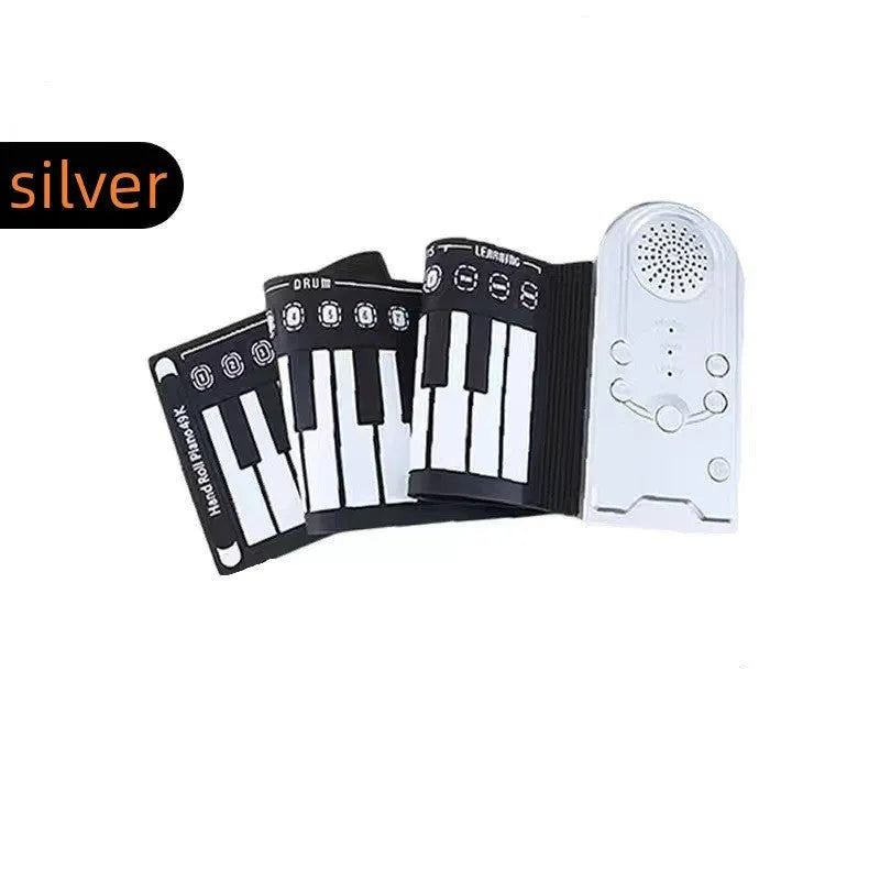 49 key portable folding electronic keyboard in gloss black colour showing compact folded size and included accessories