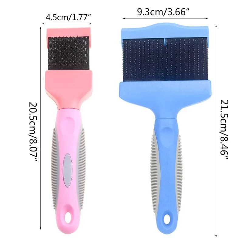 Blue double-sided pet brush with stainless steel pins and ergonomic handle for dog and cat grooming