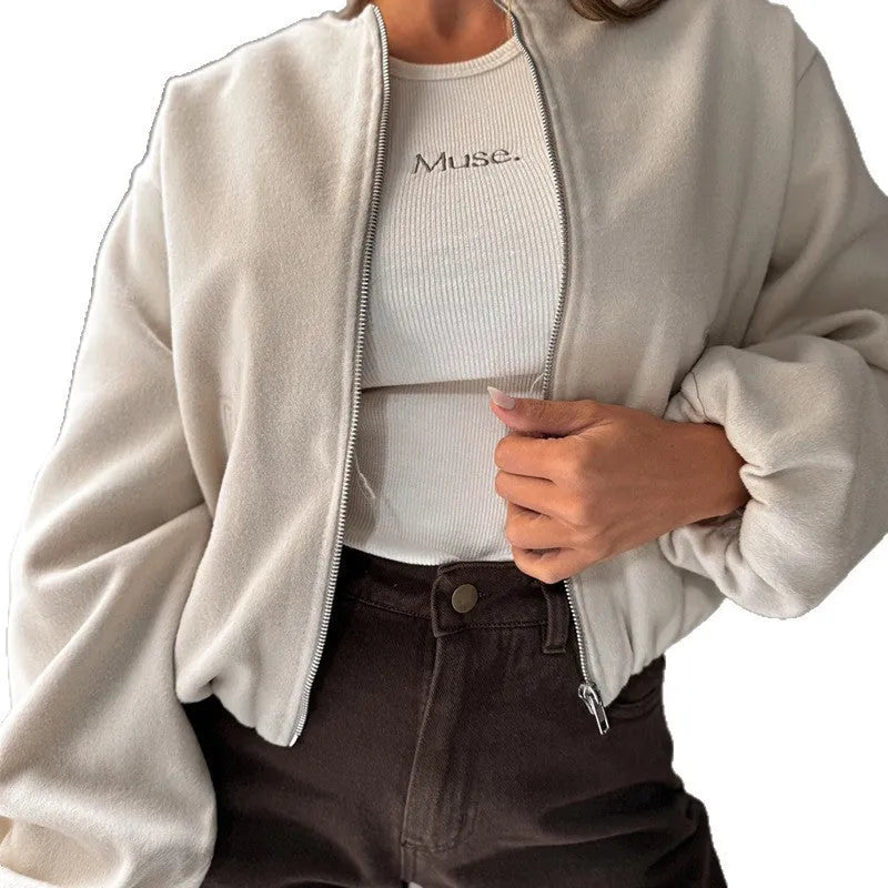 Milky White women's off-shoulder short coat with lantern sleeves and side pockets.