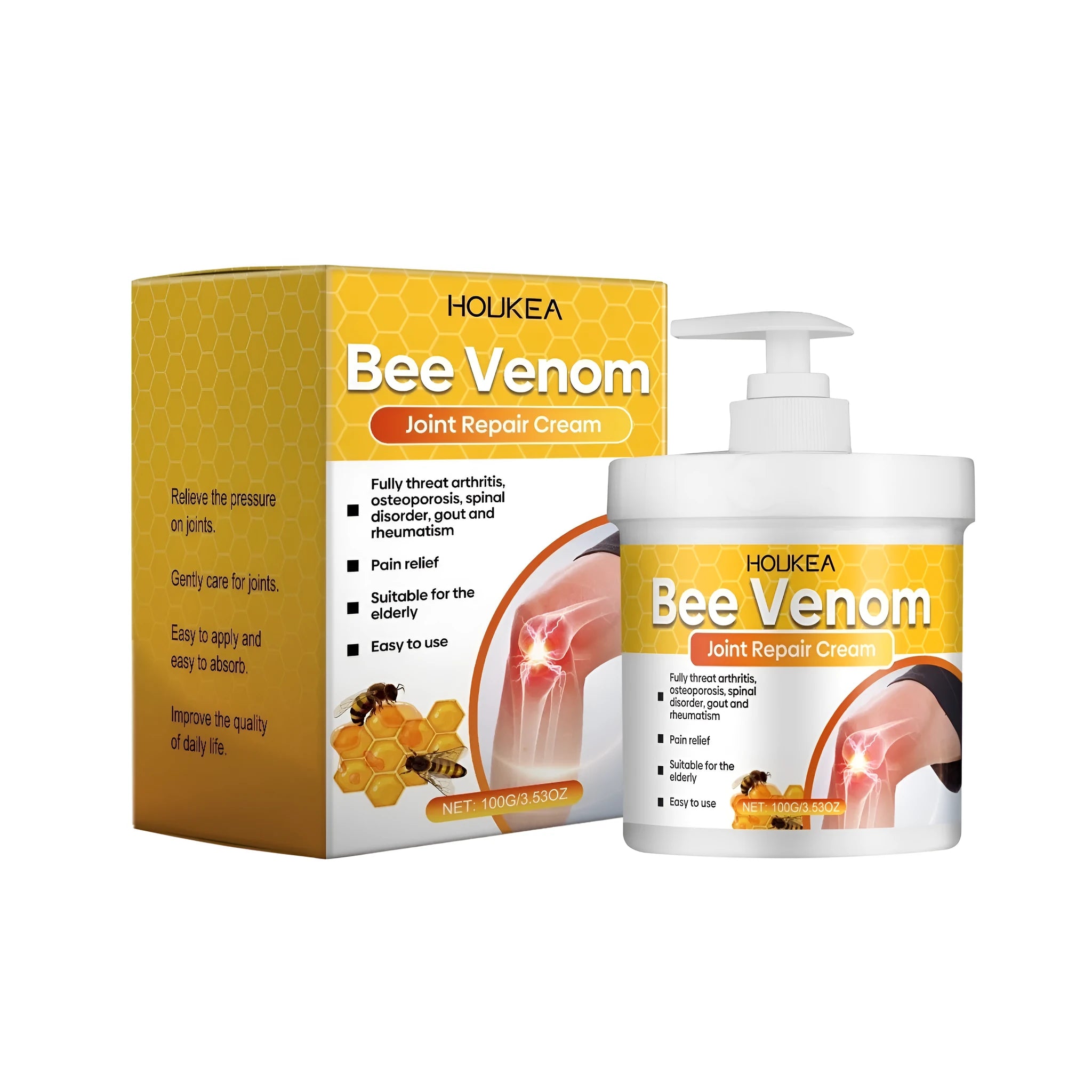 White jar of 100g Joint Repair Cream with bee venom and chamomile active ingredients.