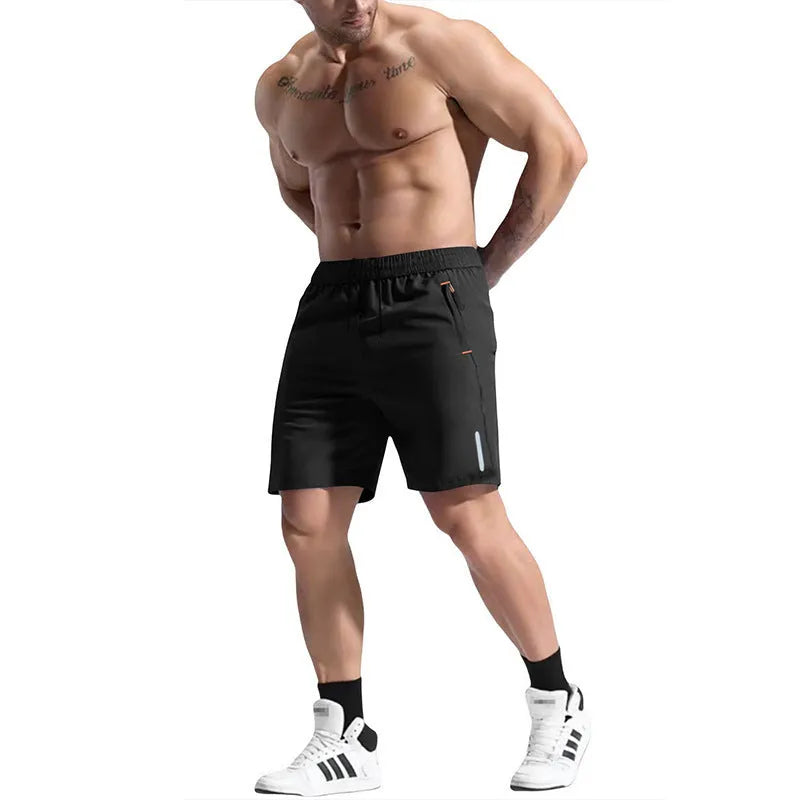 Men's grey elastic waist sports shorts made from bamboo and polyester fabric with a drawstring closure.