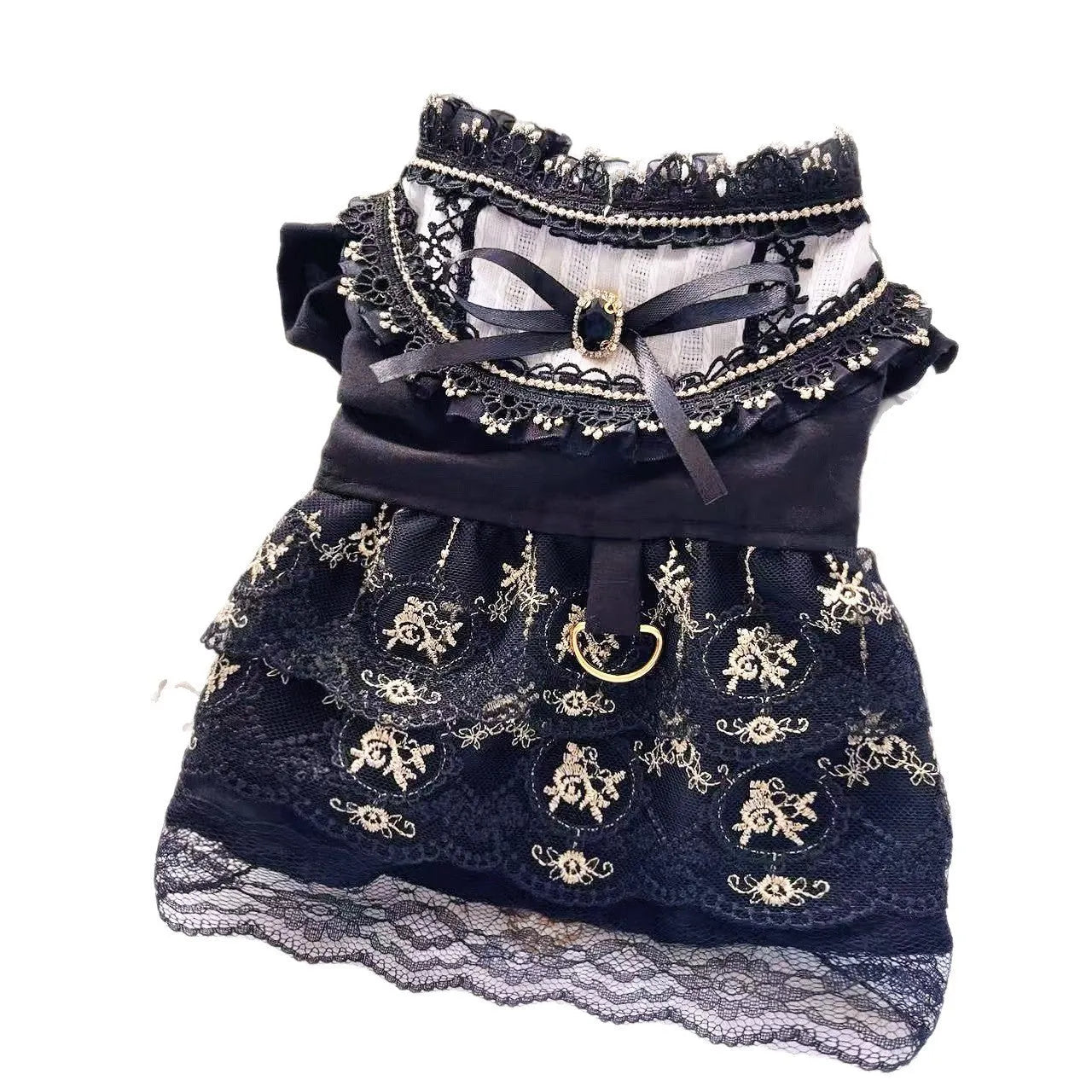 Golden gothic princess style skirt for a small dog on a mannequin, showing the size tag.