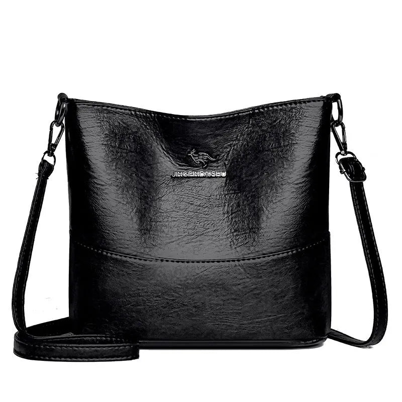 Women's soft leather shoulder bag in bucket shape with sewing line detailing and large capacity