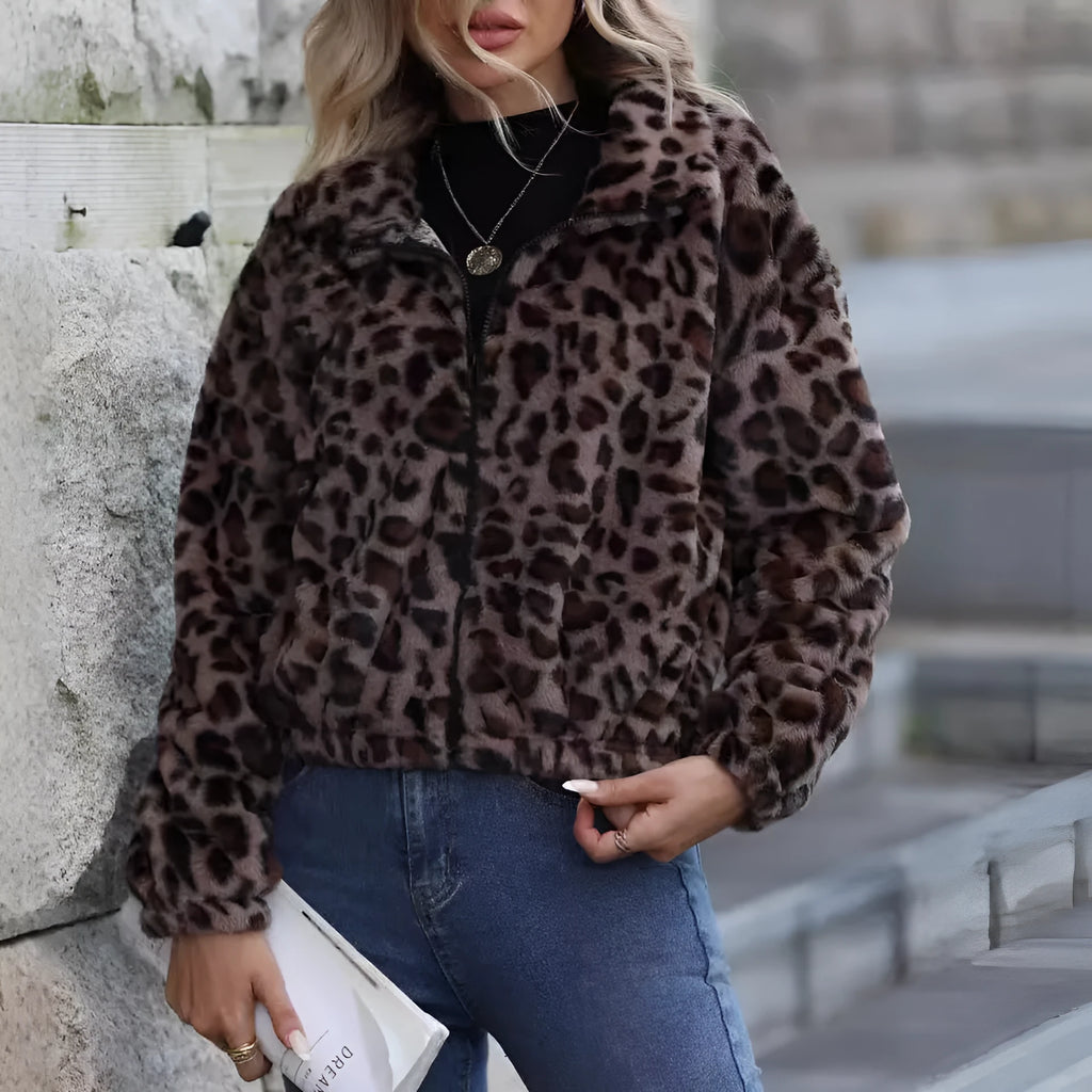Women's loose fit leopard print plush coat with long sleeves and zip front