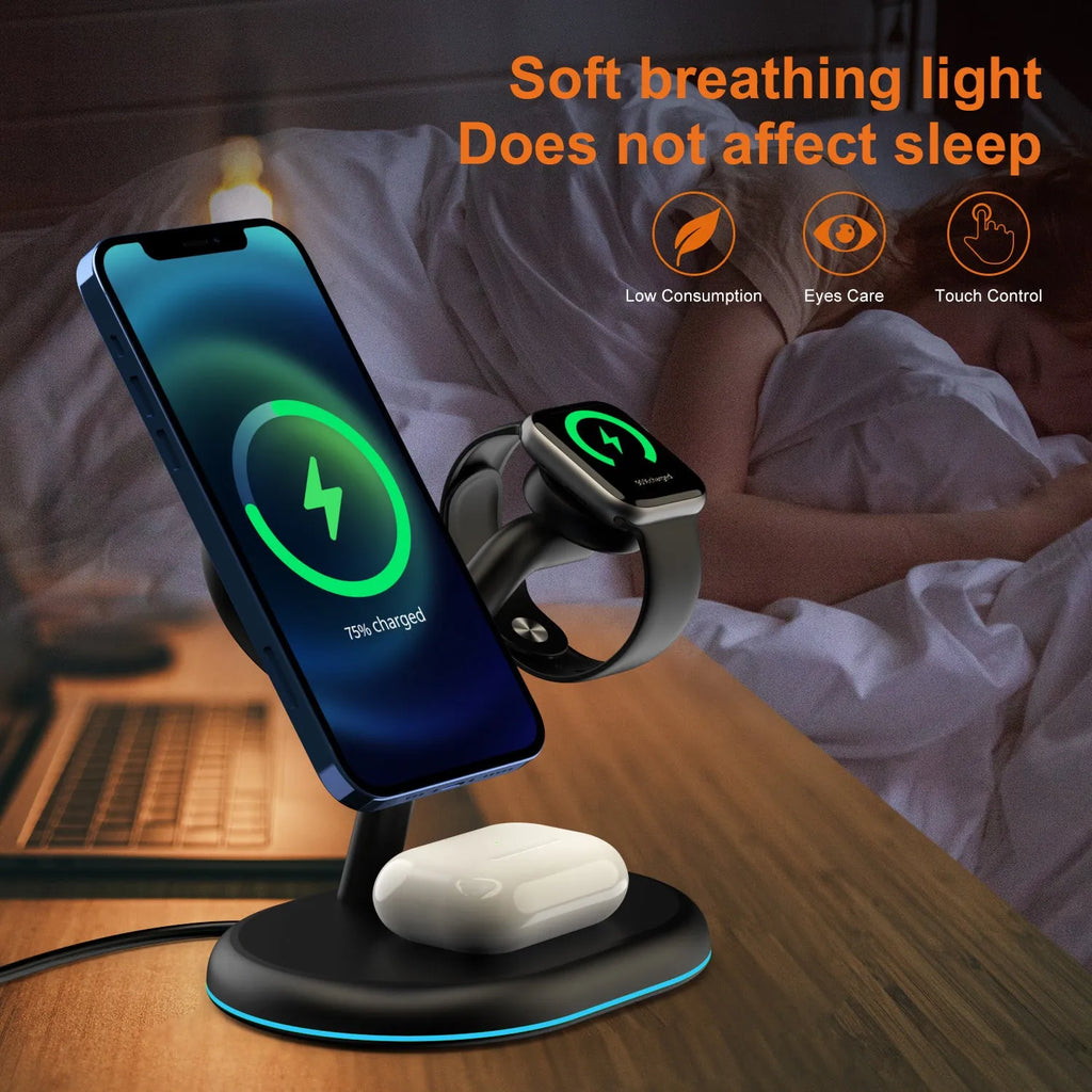 Black magnetic three-in-one wireless charger with ABS plastic construction and lithium battery