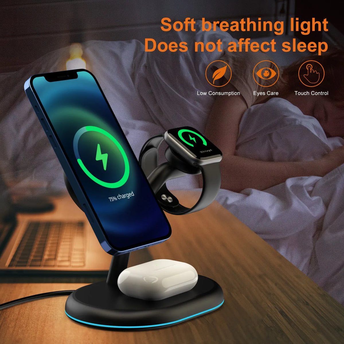 Black magnetic three-in-one wireless charger with ABS plastic construction and lithium battery