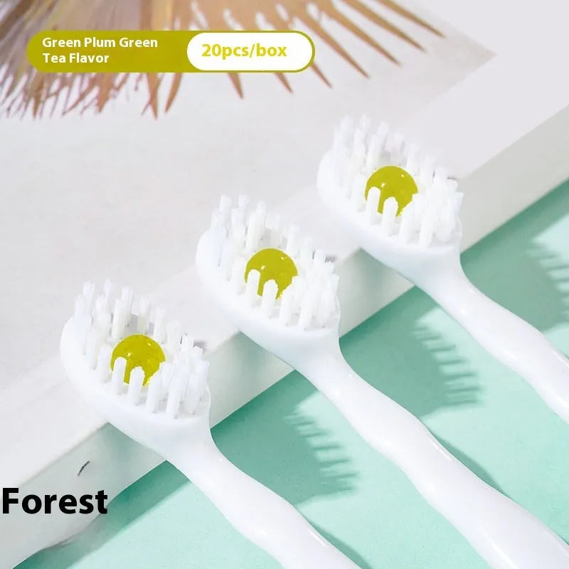 Box of 20 Bead disposable toothbrushes with integrated toothpaste in mint, peach, and plum green tea flavours.