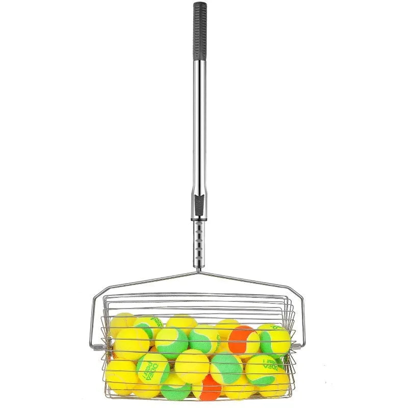 Stainless steel tennis ball picker with adjustable rod holding multiple yellow tennis balls on a court