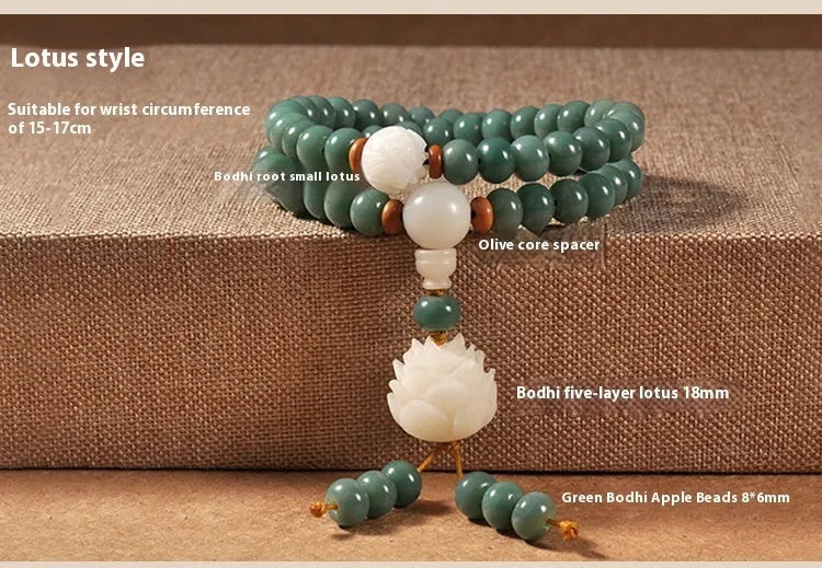 White jade Bodhi green sandalwood bracelet with beaded design and double ring safety buckle clasp.