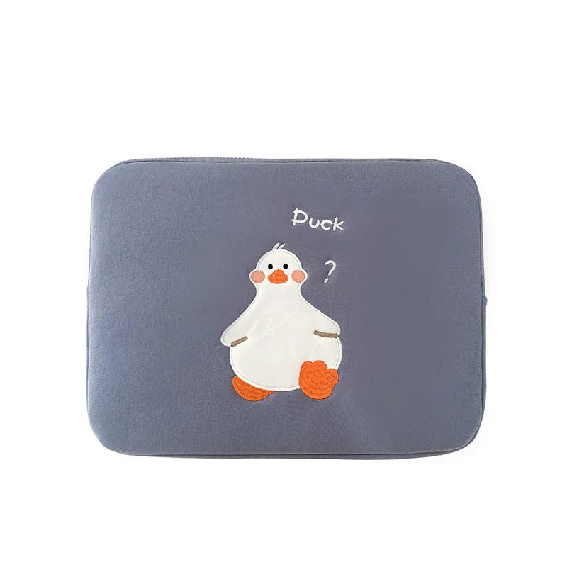 Blue cotton tablet case with cartoon duck embroidery and a zip closure, sized for an 11-inch tablet.
