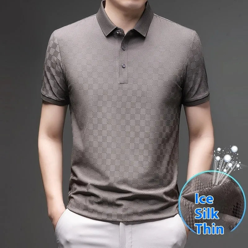 Rhombus thin ice silk short sleeve t-shirt in black with side slit design