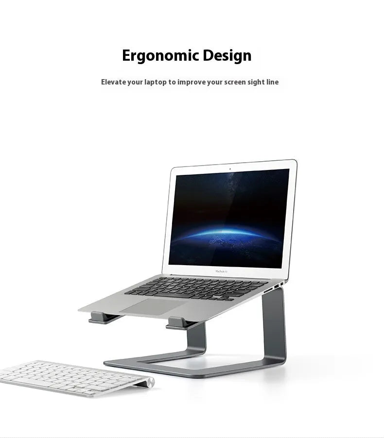 Black aluminium alloy laptop stand on a desk, showing its size and solid base plate.