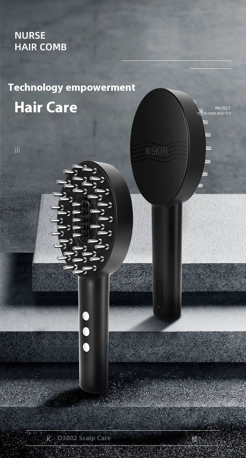 Black handheld scalp massager with LED illumination and vibration functions