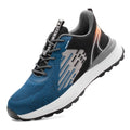 Blue men's safety work shoes with mesh upper and plastic toe cap on non-slip sole
