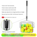 Stainless steel tennis ball picker with adjustable rod holding multiple yellow tennis balls on a court