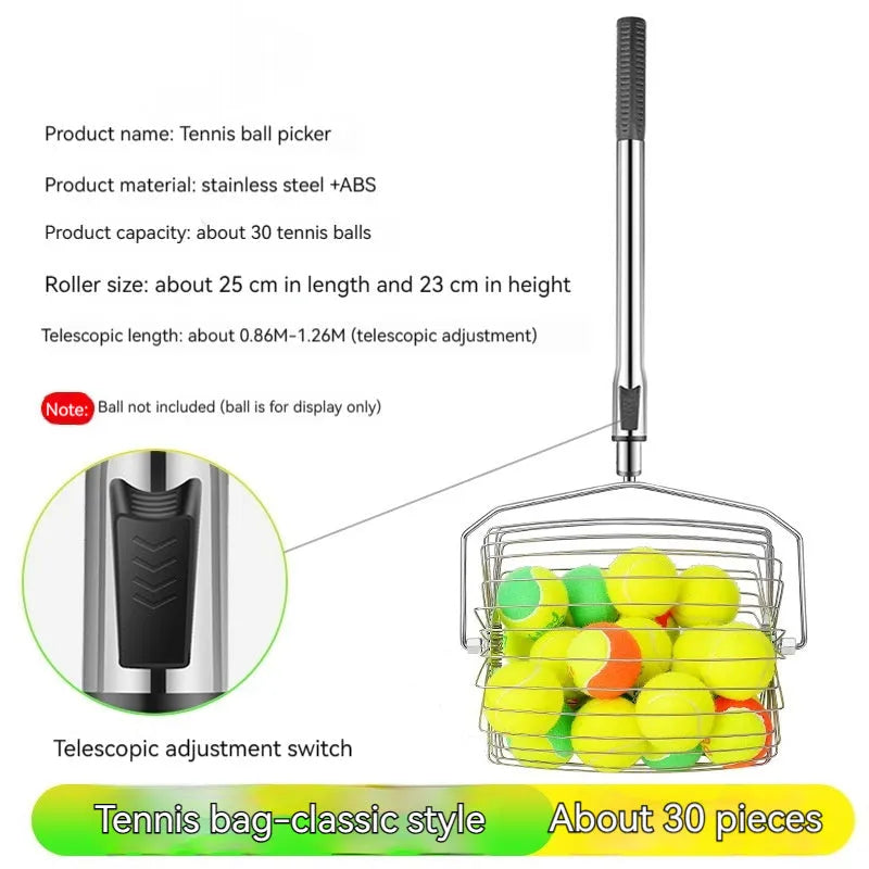 Stainless steel tennis ball picker with adjustable rod holding multiple yellow tennis balls on a court