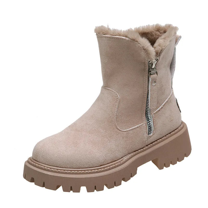 Women's black high-top snow boots with faux suede uppers, side zipper, and fluffy fur lining.