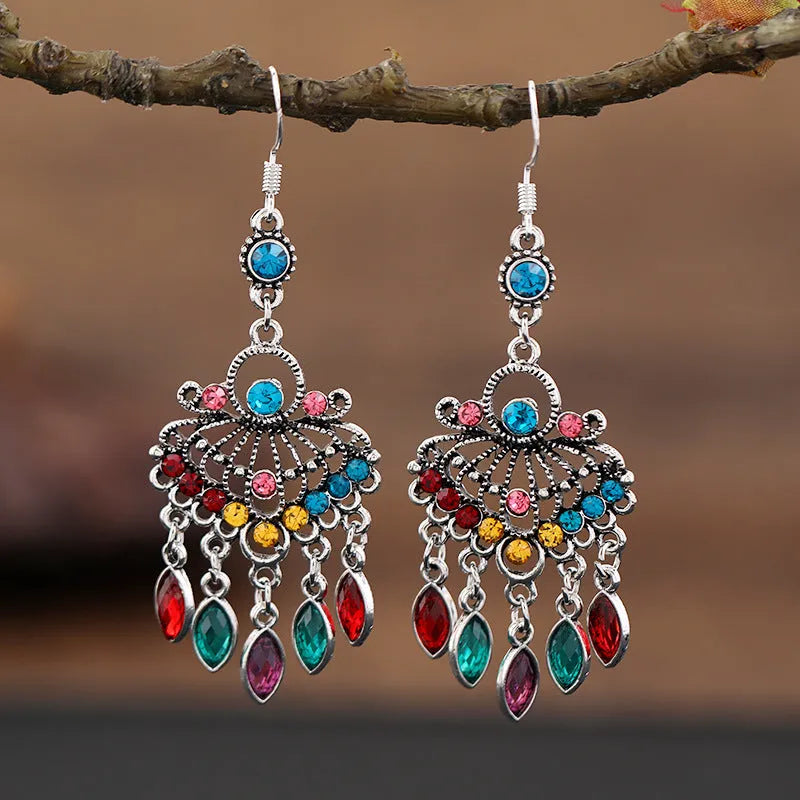 Smart water drop purple retro crystal fringe earrings with ethnic design and drop shape