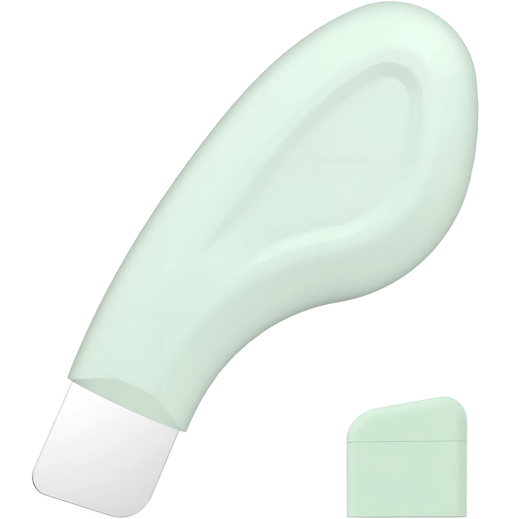 Green stainless steel facial pore scraper tool with a silicone handle for blackhead removal.
