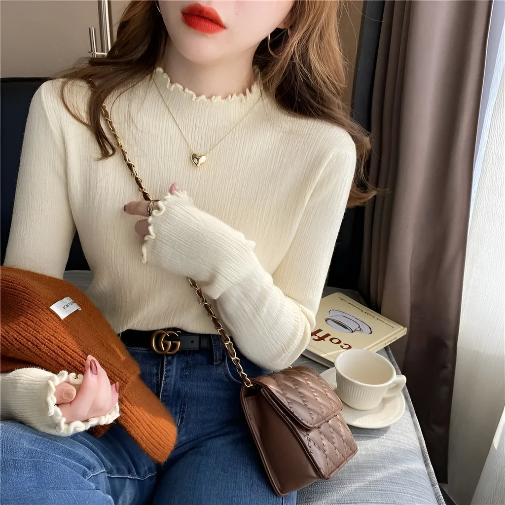 Women's half turtleneck bottoming shirt with princess sleeves, 100% polyester, in apricot, black, blue, brown, pink, sunset yellow, or white.