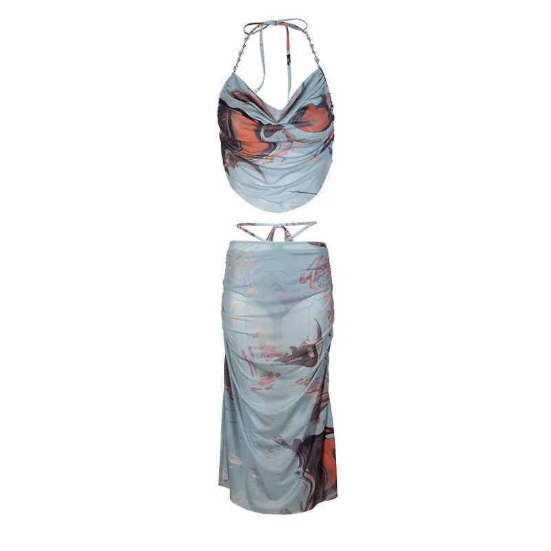 Blue women's three-piece bikini set with backless briefs and quick-dry fabric
