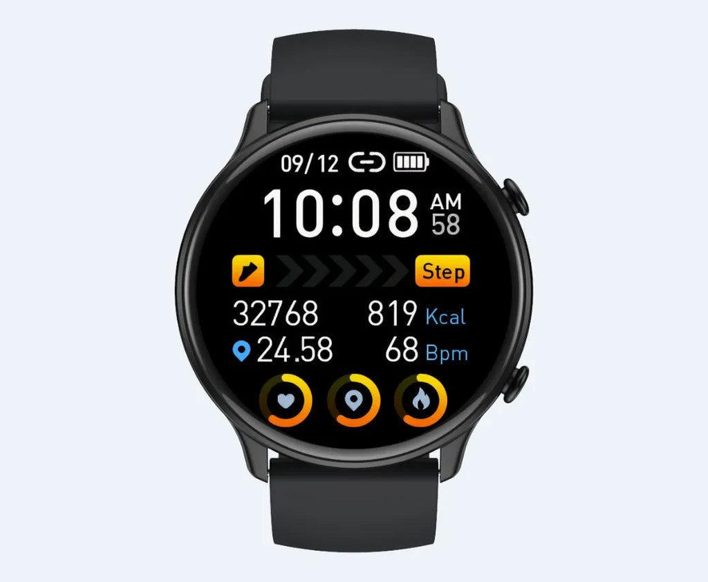 Round smart sports watch with silicone strap showing heart rate and sleep tracking on its touch screen.