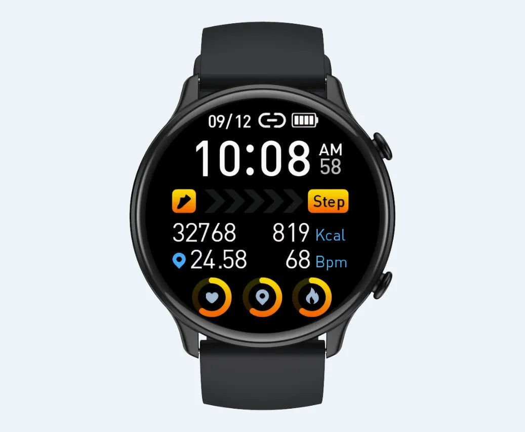 Round smart sports watch with silicone strap showing heart rate and sleep tracking on its touch screen.