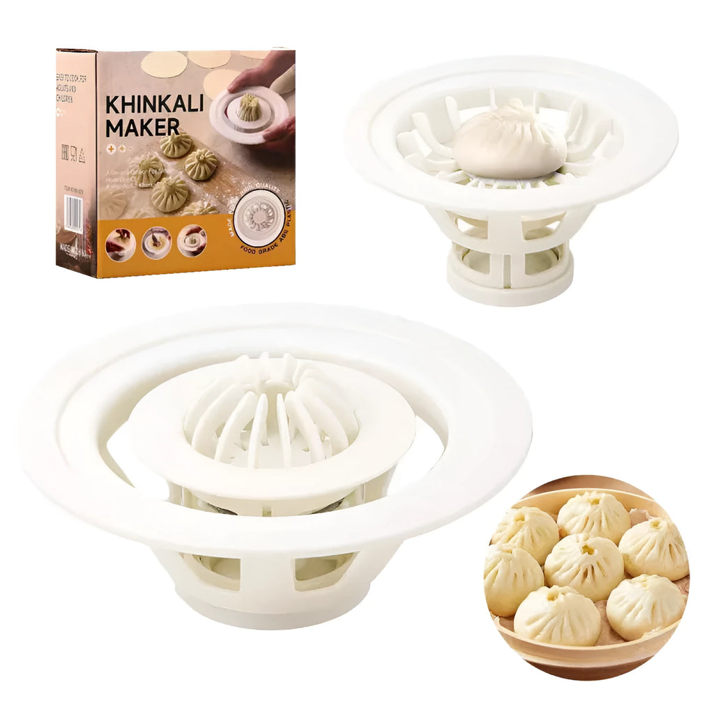 Black Jinkali set of four plastic steamed bun moulds for shaping dumplings and baozi on a kitchen worktop.