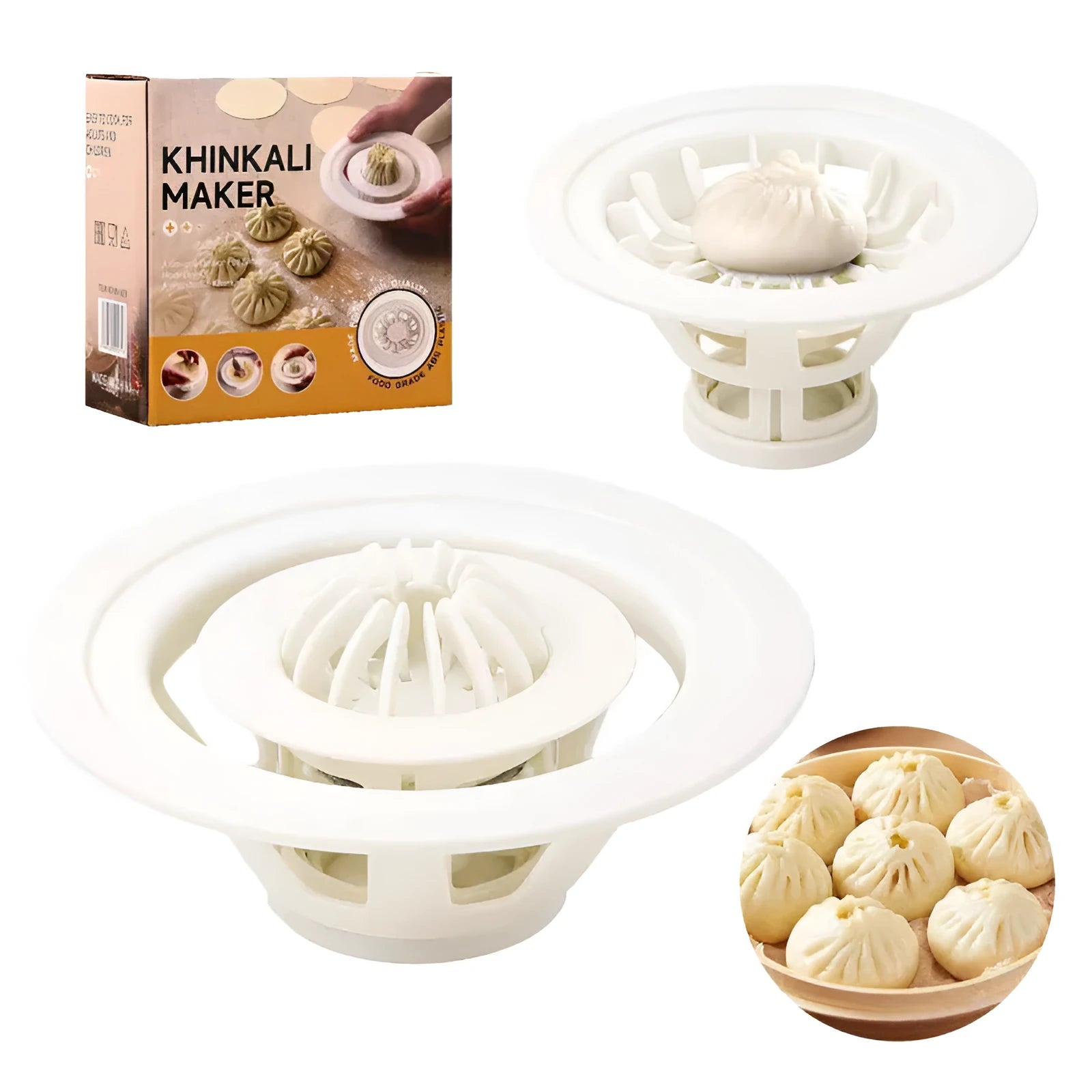 Black Jinkali set of four plastic steamed bun moulds for shaping dumplings and baozi on a kitchen worktop.