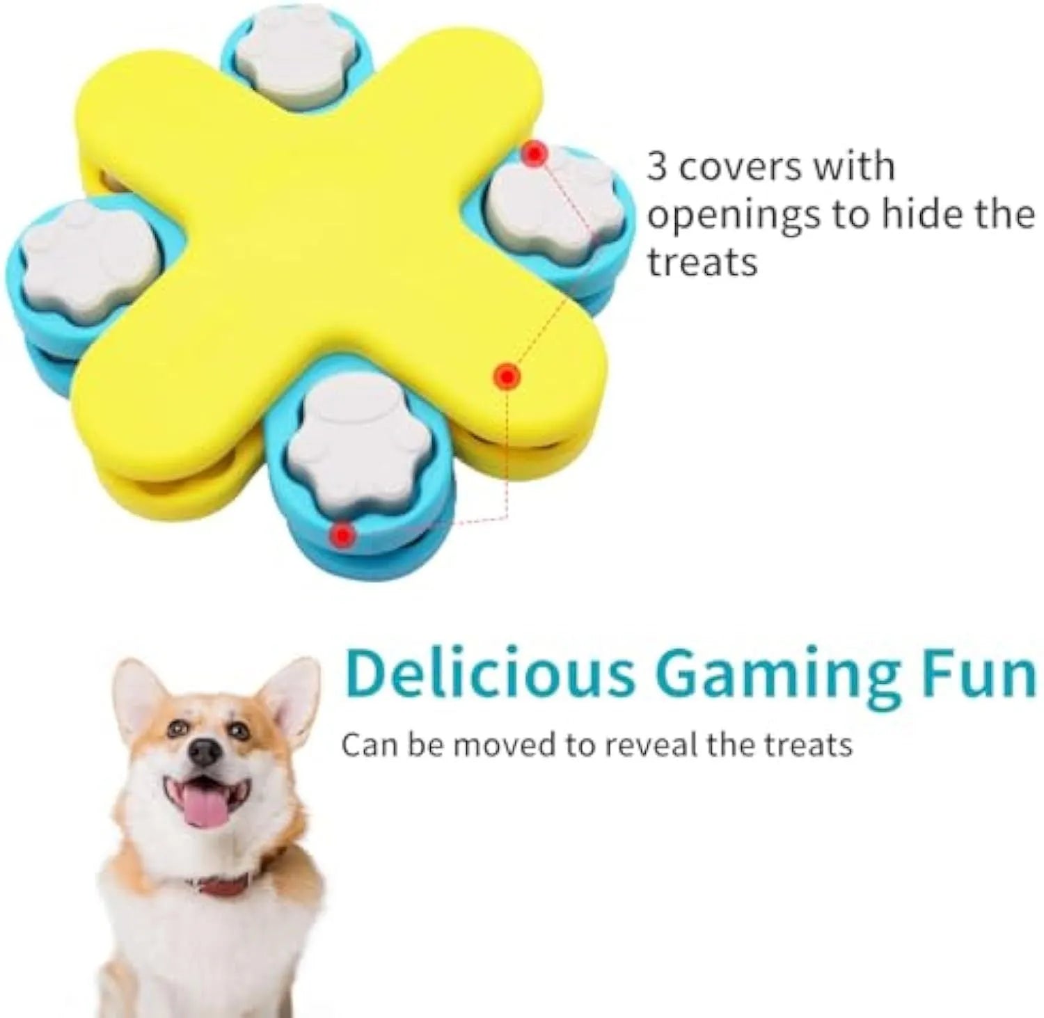Yellow three-layer rotating dog food puzzle feeder with anti-slip rubber base